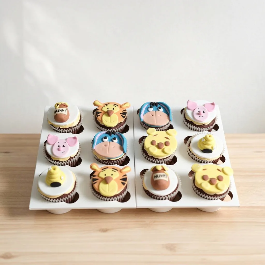 Set of twelve cupcakes decorated with Winnie the Pooh characters and honey pots
