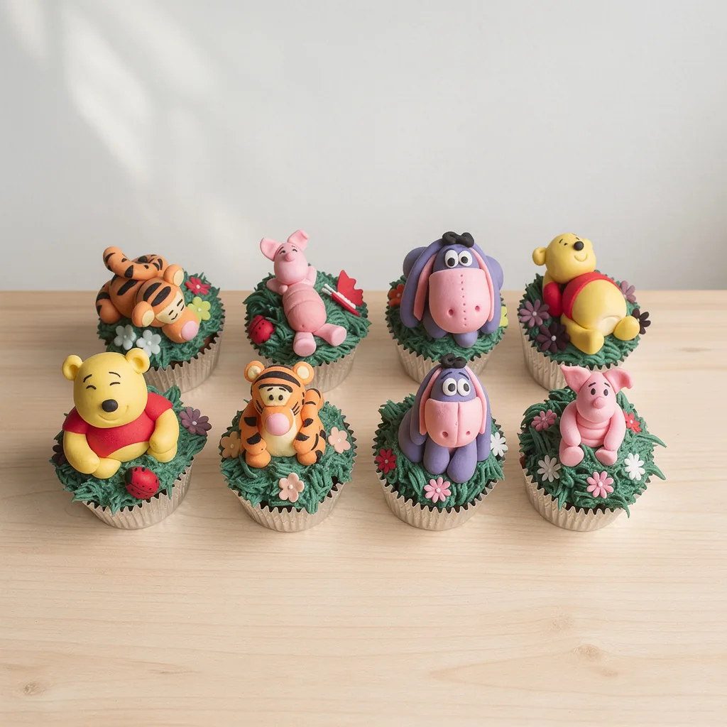 Set of eight cupcakes with green frosting and fondant figures of Winnie the Pooh, Tigger, Piglet, and Eeyore