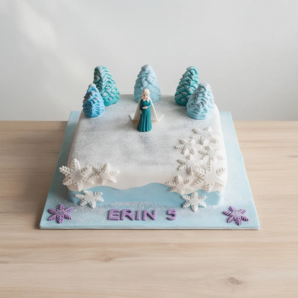 Square winter-themed cake with snowy trees, snowflakes, and a small female figure in blue