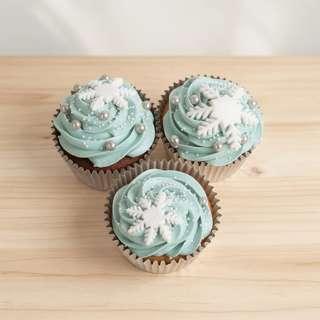 Three cupcakes with light blue frosting topped with silver balls and white snowflake decorations