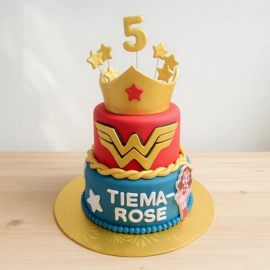Two-tier Wonder Woman themed birthday cake with a gold crown topper and number 5