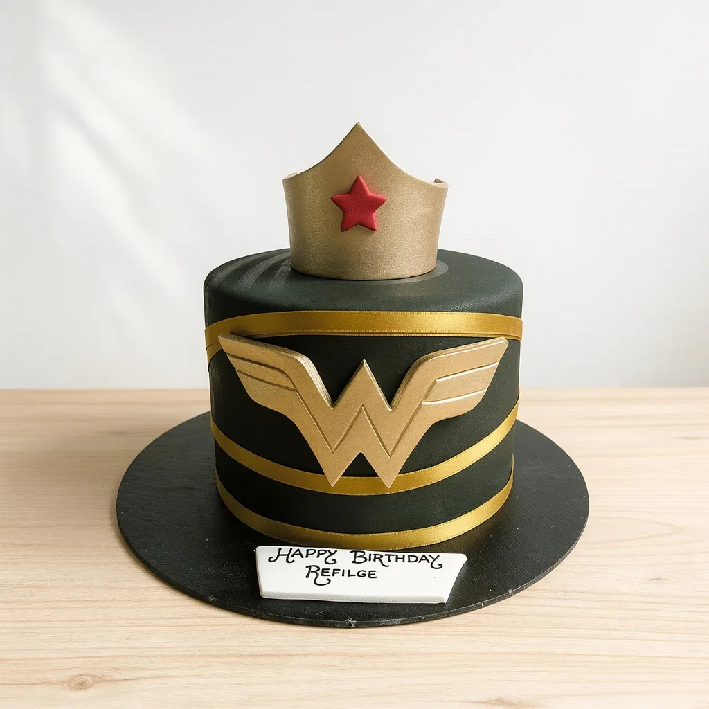 Black and gold round birthday cake with a Wonder Woman symbol and gold crown with a red star on top