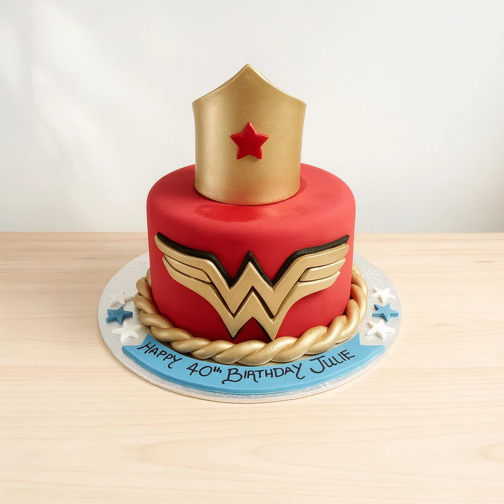 Red round cake with gold Wonder Woman logo and crown topper