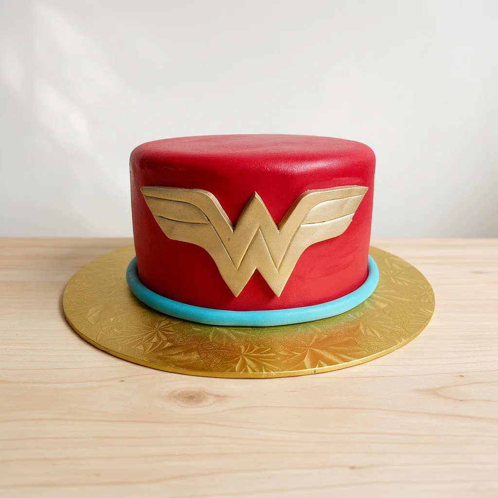 Round red cake with golden Wonder Woman emblem and a blue border on a gold board