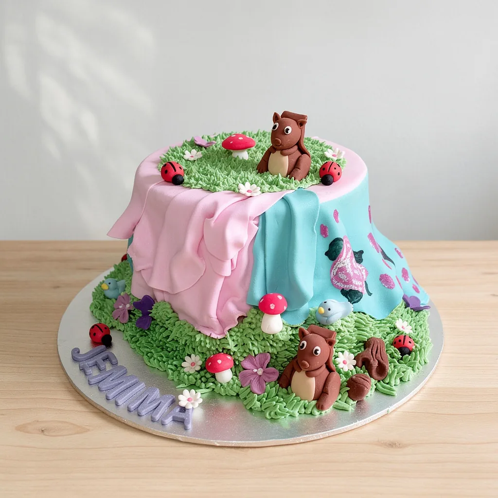 Round cake decorated with pastel blue and pink fondant drapes, green grass icing, and fondant woodland animals and mushrooms