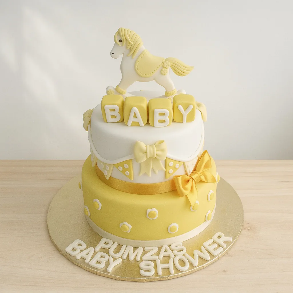 Two-tier yellow and white baby shower cake with fondant horse topper and decorative bows