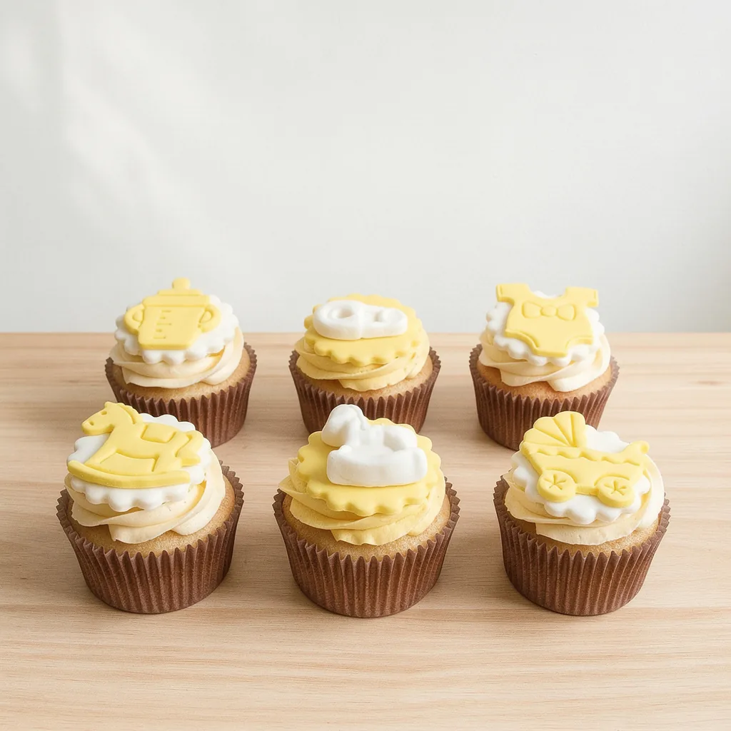 Six yellow and white baby shower cupcakes with fondant toppers including bottle, pacifier, romper, rocking horse, duck, and…