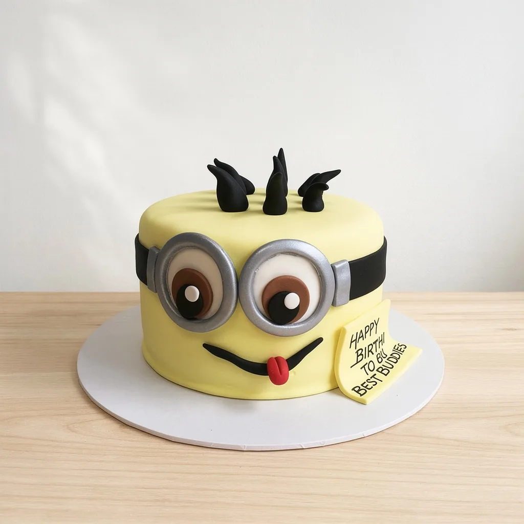 Yellow round cake with big eyes, black hair spikes, and a red tongue sticking out