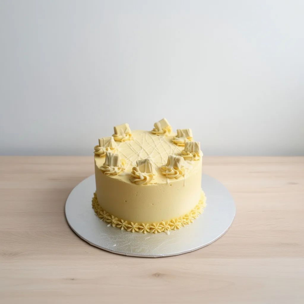 Round yellow cake with piped rosettes and white chocolate pieces on top