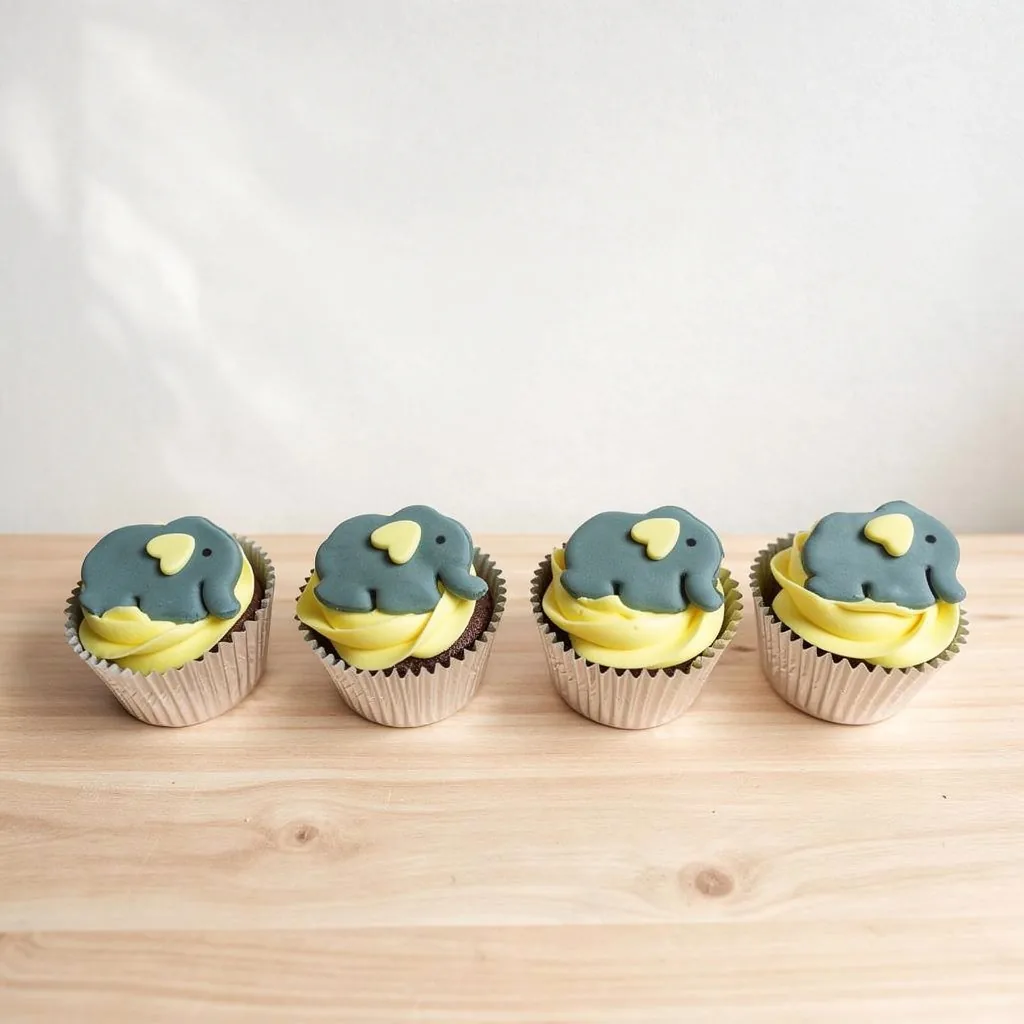 Four cupcakes with yellow frosting topped with grey elephant fondant decorations in silver liners