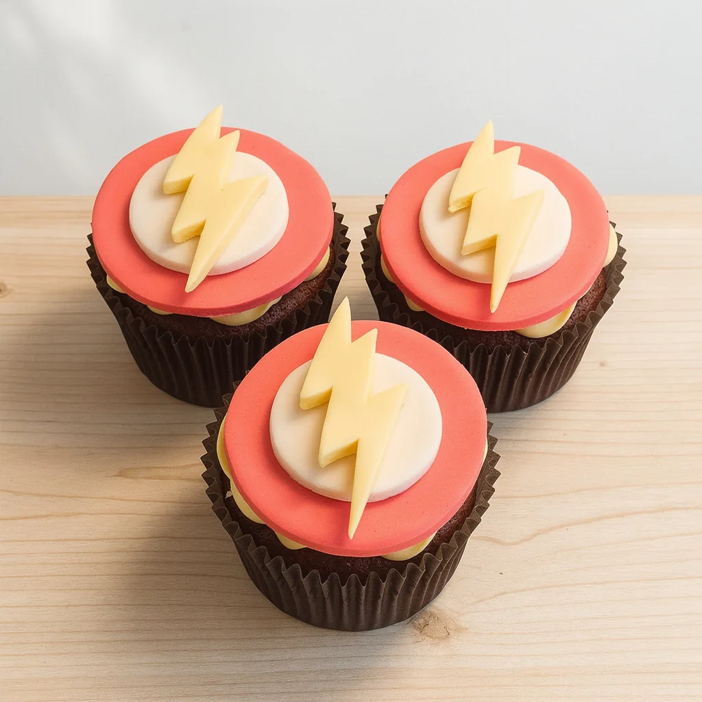 Three cupcakes with yellow lightning bolt toppers on red and white circles
