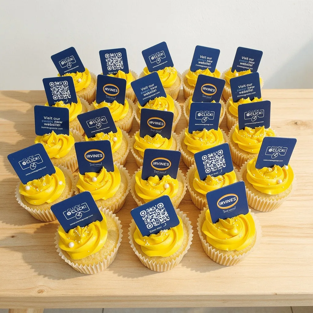 Yellow frosted cupcakes topped with blue branded toppers including QR codes and logos