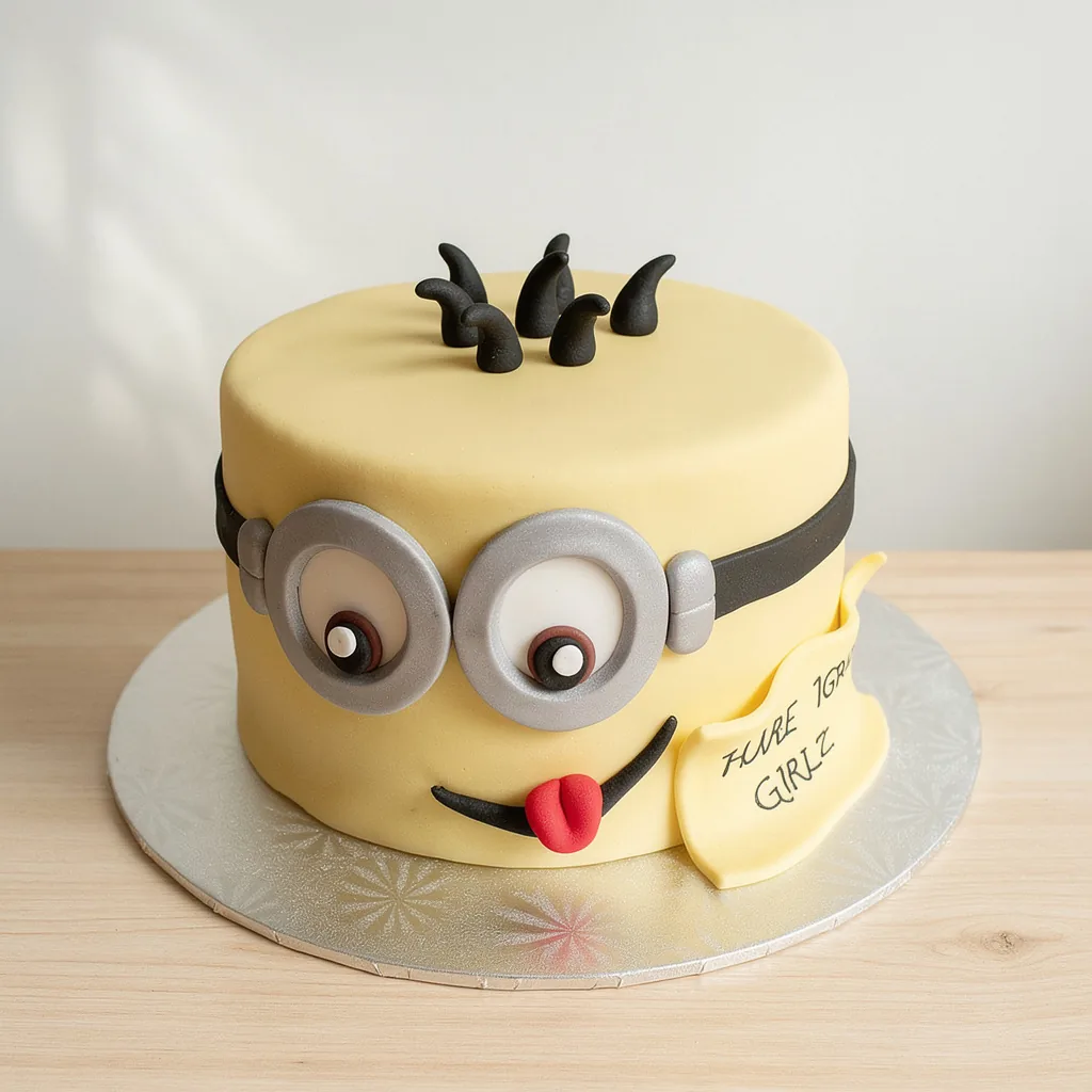 Round yellow cake decorated to look like a minion with fondant eyes, black hair spikes, and tongue sticking out
