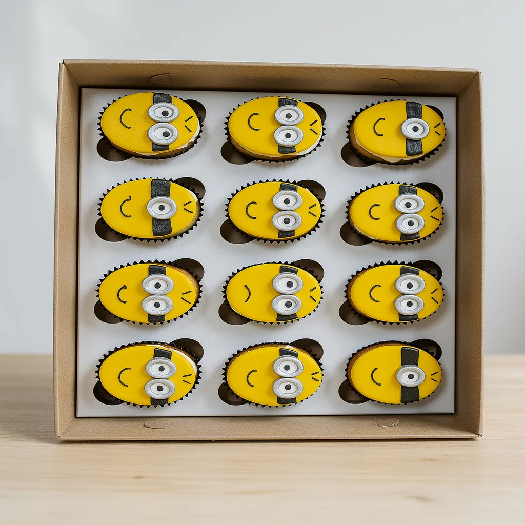 Twelve oval yellow cupcakes decorated like minion faces in a box