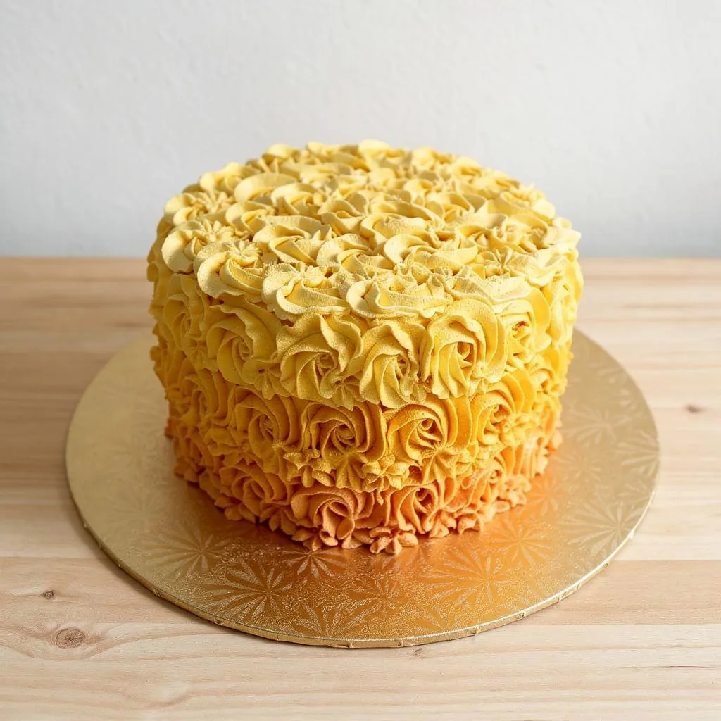 Round cake covered in yellow to orange ombre buttercream rosettes