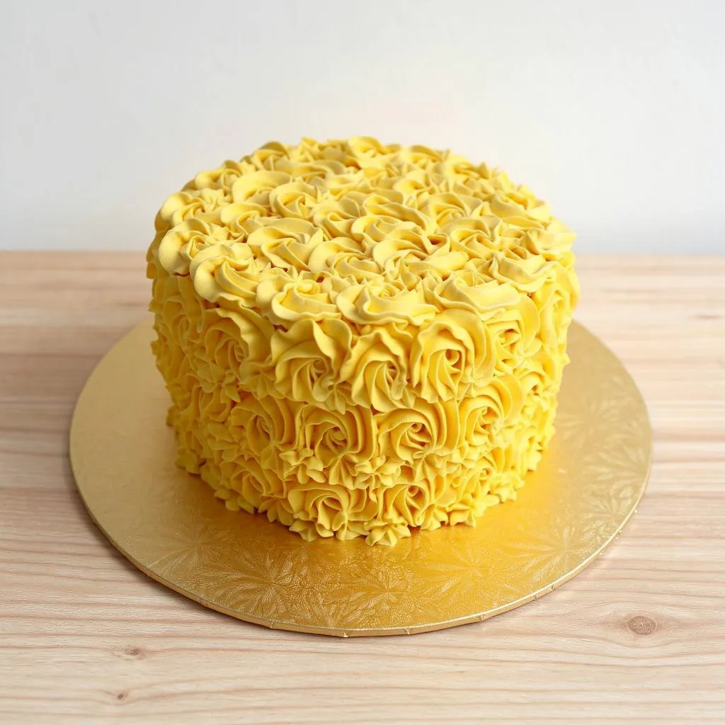 Round cake covered with bright yellow buttercream rose swirls on gold board