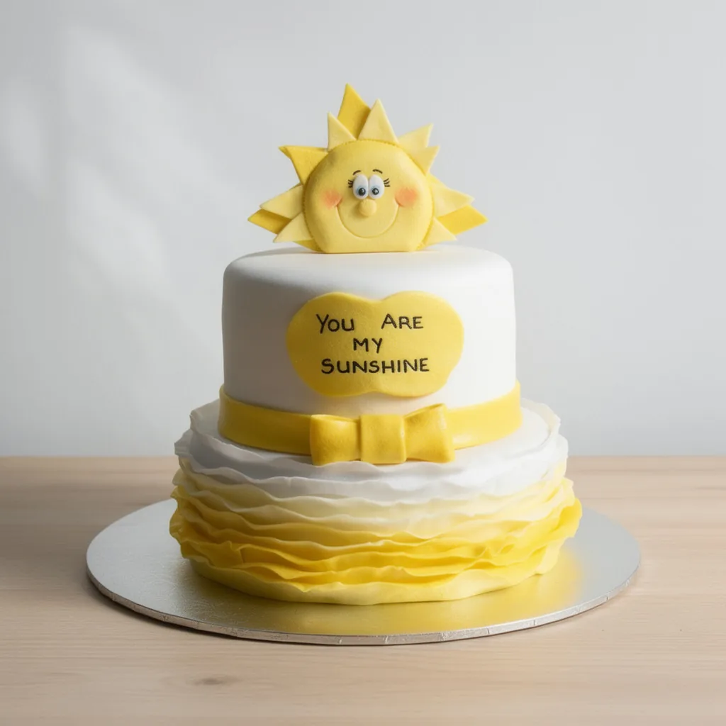 Two-tier cake with a smiling sun topper and yellow-white ruffled base