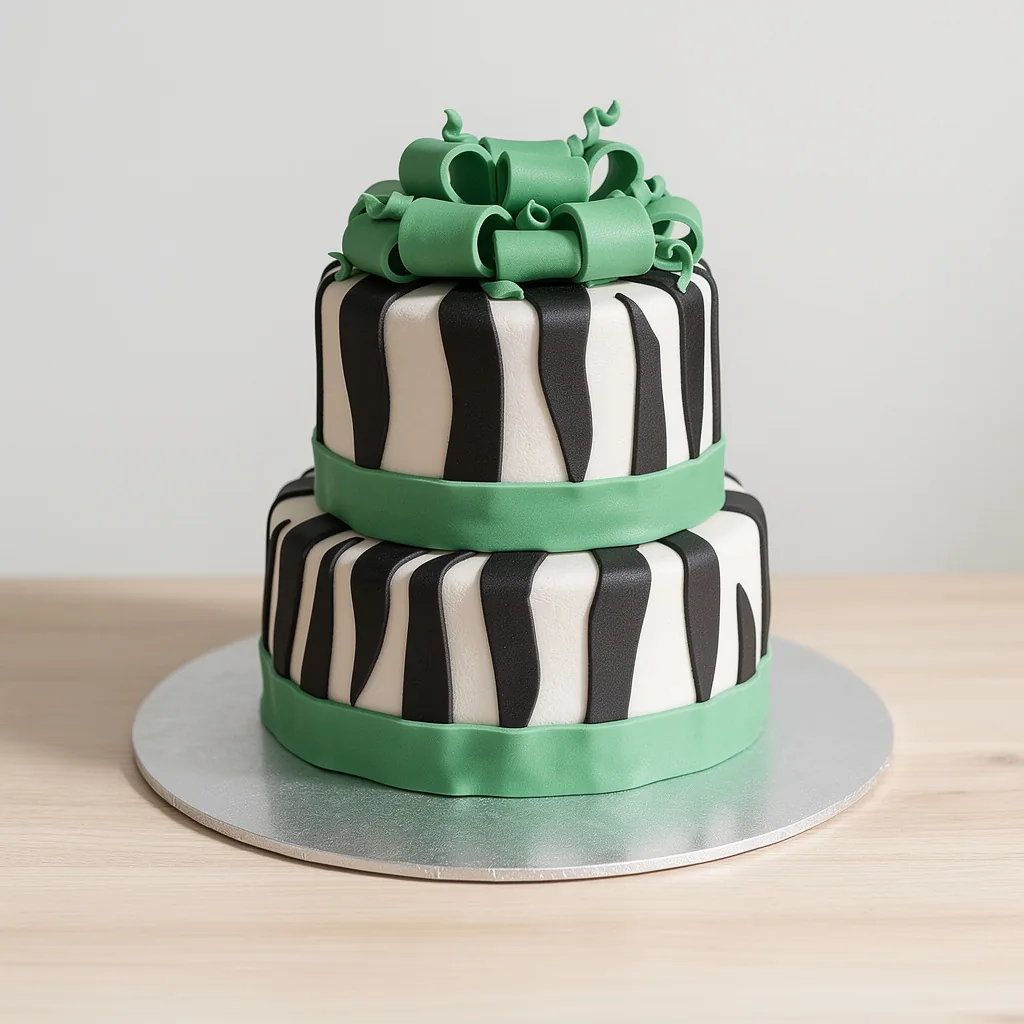 Two-tier cake with zebra stripes and green fondant ribbons and bow