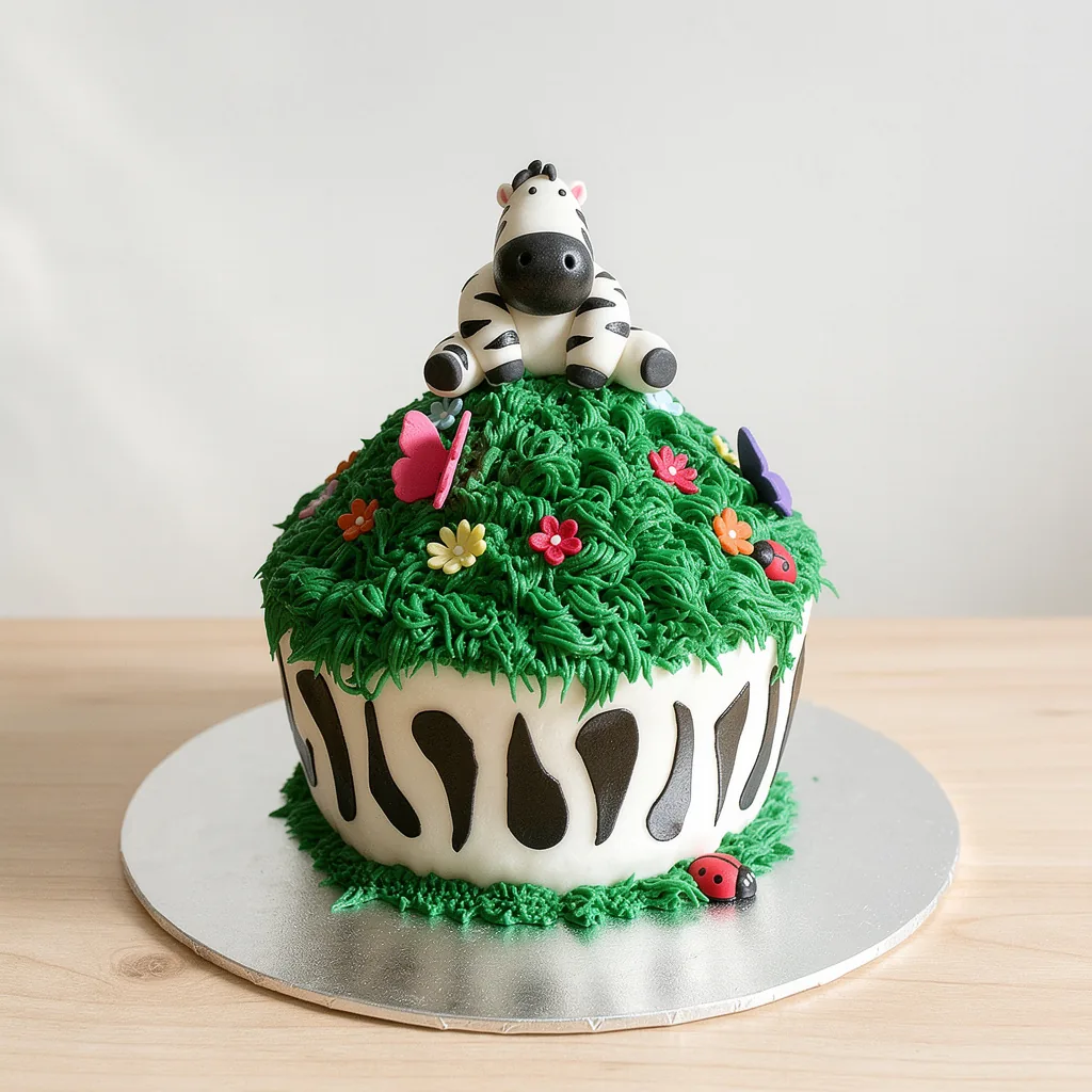 Round cake with zebra stripes and green grass icing topped with a fondant zebra and colorful flowers