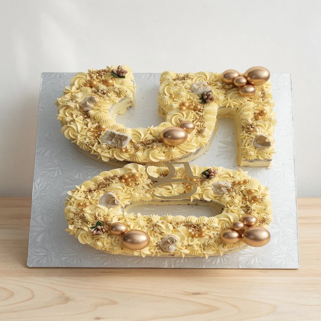 Number-shaped cakes decorated with creamy swirls, gold spheres, and a Gemini zodiac symbol topper